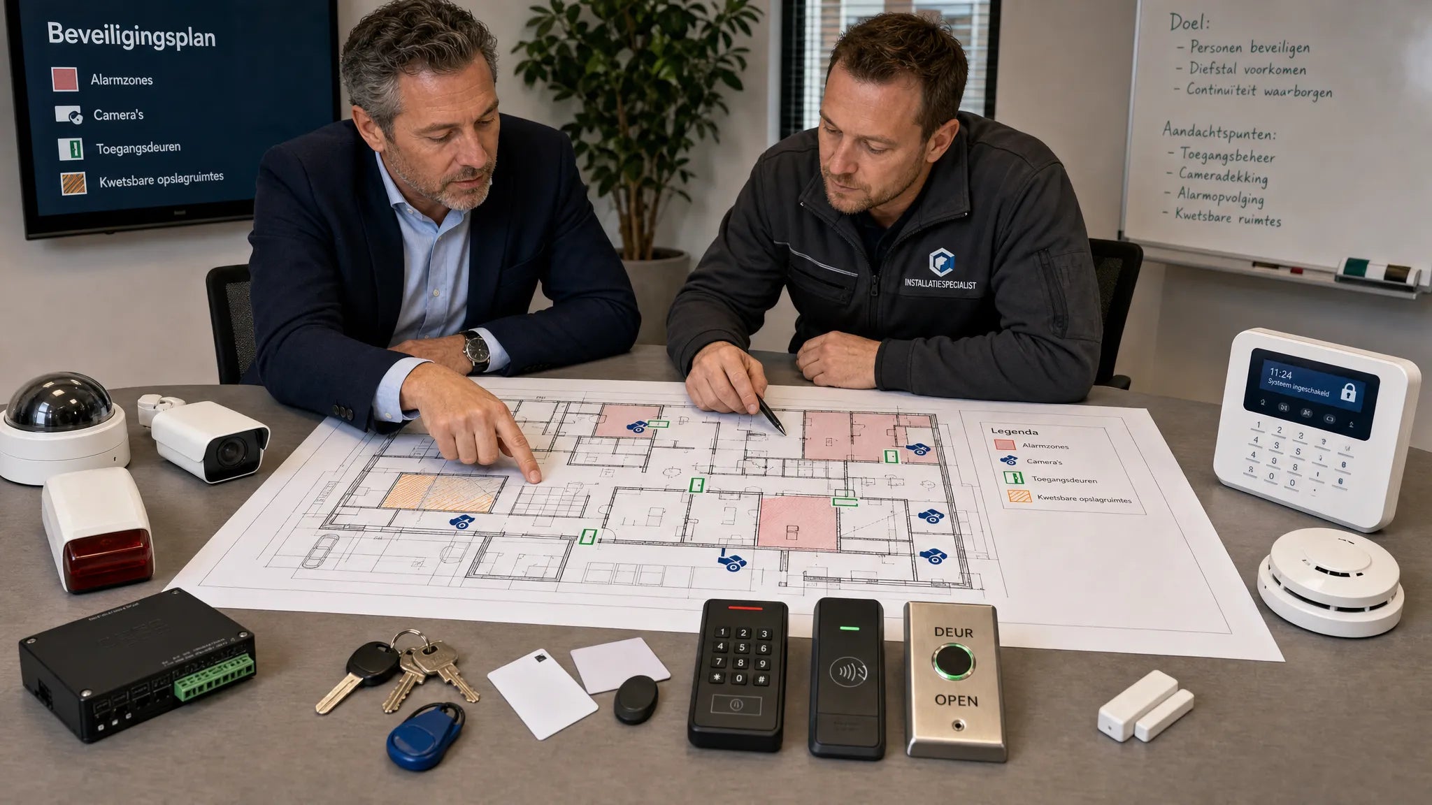 Een security manager en een installatiespecialist bekijken samen een plattegrond van een bedrijfspand op een vergadertafel, met gemarkeerde alarmzones, camera posities, toegangsdeuren en kwetsbare opslagruimtes. Naast de plattegrond liggen sleutels, paslezers en beveiligingscomponenten verspreid in beeld.